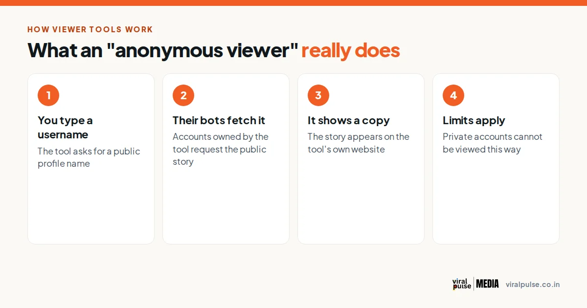 How a viewer tool works: you type a username, their bots fetch it, it shows a copy, private accounts are excluded