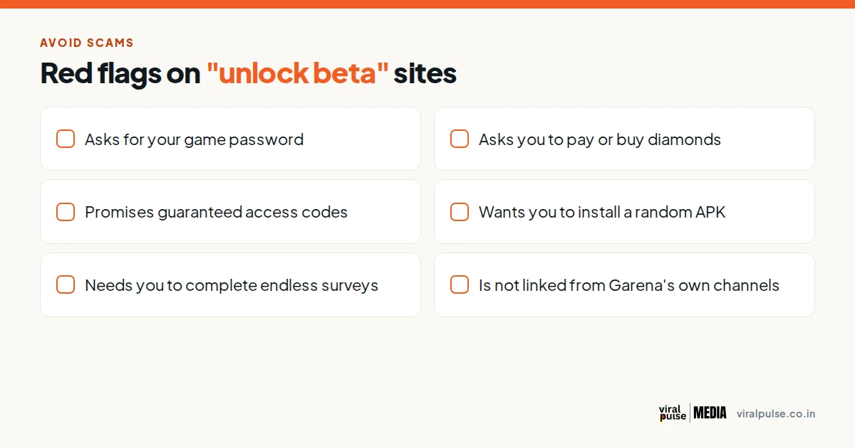 Red flags on unlock beta sites: password requests, payments, guaranteed codes, random APKs, surveys, unofficial links