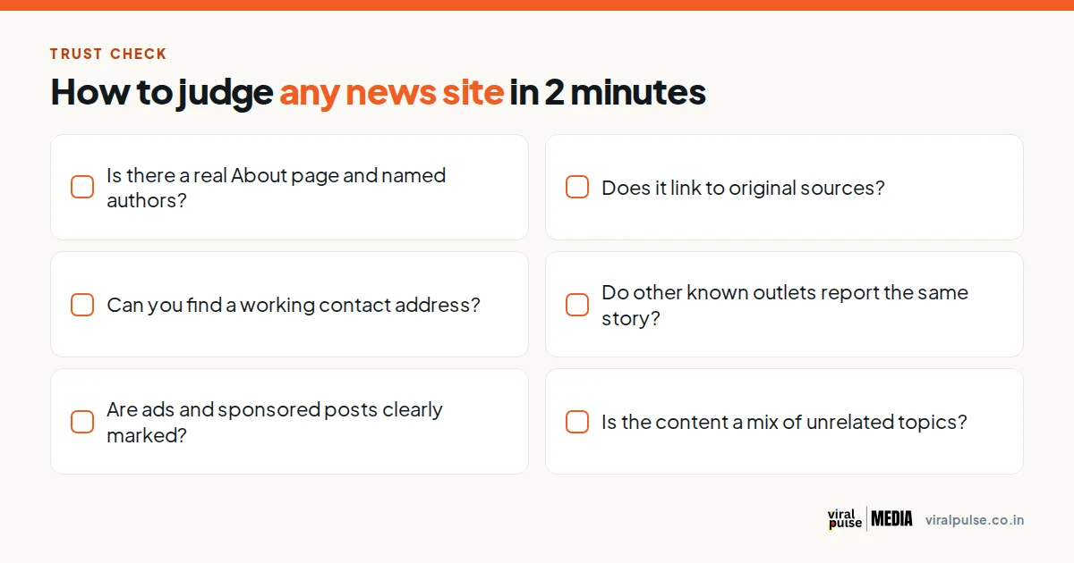 Checklist to judge a news site: About page, sources, contact, cross-checking, ads, topic mix
